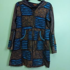 Wind Horse Razor Cut Distressed Hoodie Blue, Black and Orange Medium